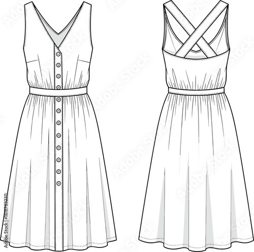 Stylish Women's Button-Front Sundress Flat Sketch Vector Illustration for Casual Apparel Design, A-Line Midi Dress Technical CAD Drawing