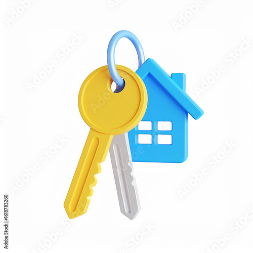 A 3d render of keys with a house charm symbolizing real estate and homeownership