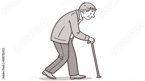 Illustration of an elderly man walking with a cane wearing a suit and looking down at the ground