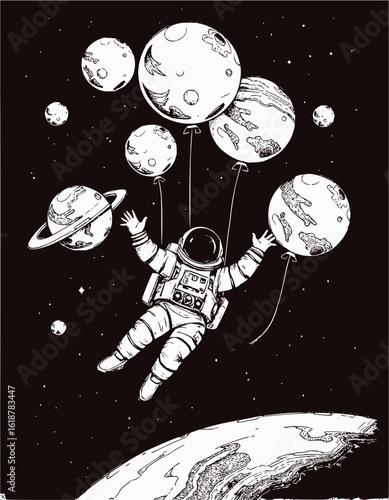 Astronaut floating in space holding planet balloons with a planet and stars in the dark background