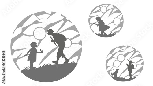 Silhouette of a man and child with bubbles and other figures in circular frames with abstract backgrounds