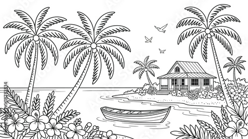 Black and white beach illustration with five palm trees, house by water, wooden boat, tropical plants, flying birds, and serene shoreline