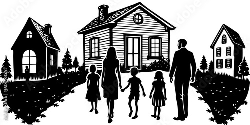 Vector art of family home houses real estate property investment mortgage loan insurance protection and security together neighborhood vector illustration