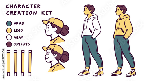 Illustration of a character creation kit with head arms legs and outputs and two full body figures