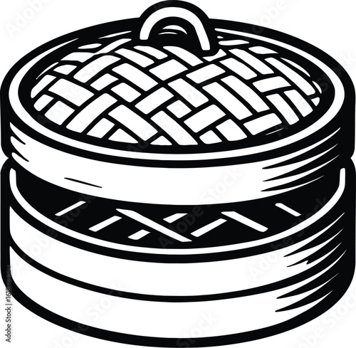 Traditional Black and White Bamboo Steamer Basket - Asian Cooking Utensil Icon