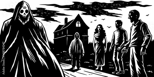 Vector art of grim reaper death horror spooky halloween ghost haunted house family scary nightmare fear black and white art vector illustration