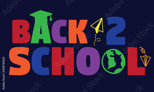Back to school sign icon. Back 2 school symbol. Back 2 School with a lettering educational pattern. Pencils, notepads, books, a globe, an apple, a calculator, scissors and more.