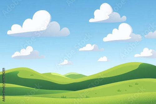Cartoon illustration of green hills and a blue sky with clouds