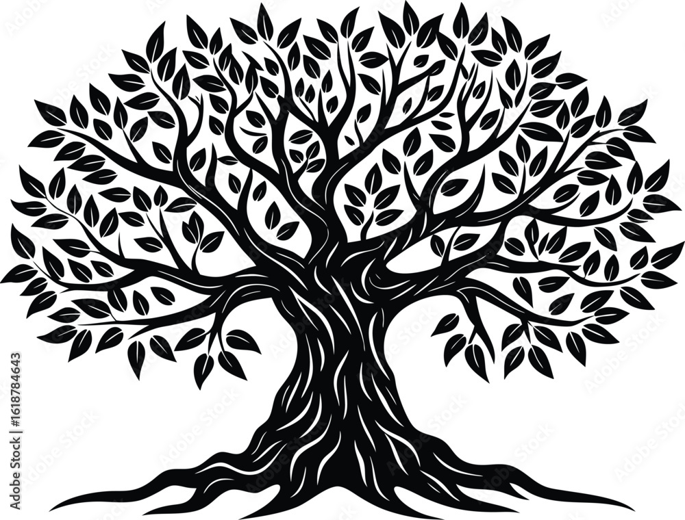 Obraz premium decorative tree silhouette with spreading branches and leaves vector illustration