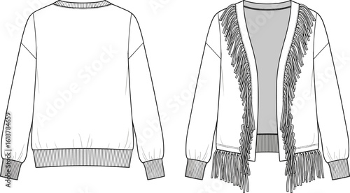  Fashionable Women's Fringe Cardigan Flat Sketch Vector Illustration for Apparel Design, Boho Style Sweater Technical CAD Drawing, Trendy Outerwear