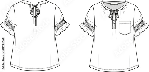 Women's Smocked Ruffle Sleeve Top with Front Tie and Pocket CAD Drawing - Flat Vector Illustration for Fashion Design and Casual Apparel