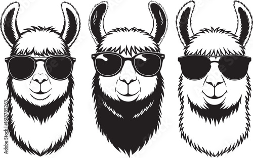Three cool llamas wearing sunglasses silhouette