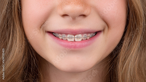 Smiling girl showcasing dental braces for teeth alignment. Orthodontic treatment in action for a confident, healthy smile. Happy and braces ready!