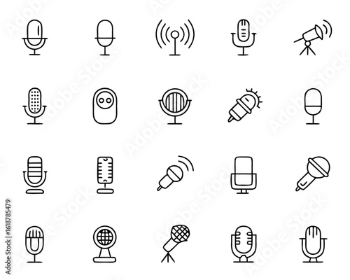 Collection of stylized audio input device and sound output symbols presented in various artistic and graphic treatments for digital applications