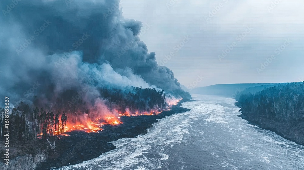 Fototapeta premium red-hot rivers of lava cutting through dark rock, smoke clouds rising, a dramatic sky at dusk 