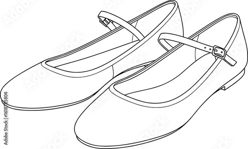 Classic Women's Mary Jane Flats Shoes CAD Drawing Flat Vector Illustration - Timeless Footwear Design for Fashion, Dance, and Casual Wear