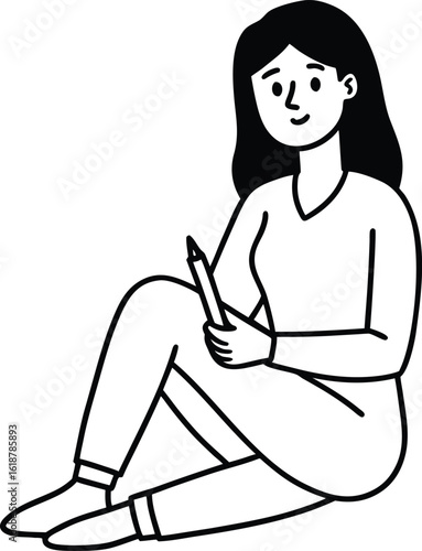 girl sitting sideways holding pen clean modern