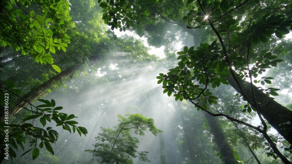 Fototapeta premium Serene forest canopy bathed in ethereal sunbeams and gentle morning mist