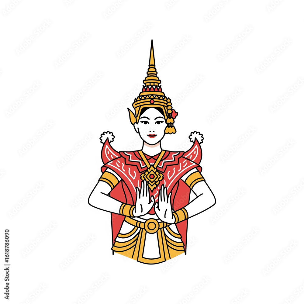 Obraz premium Traditional Thai Dancer in Greeting Pose. Thai cultural illustration of a female dancer in traditional costume performing a greeting gesture.