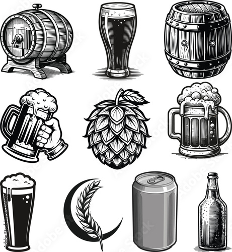 Collection of vintage beer related illustrations including beer barrels glasses mugs hops and wheat art for brewery themes
