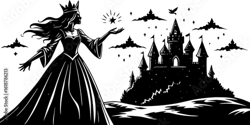 Vector art of queen princess castle fantasy fairytale star magic kingdom silhouette illustration vector clip art image vector illustration