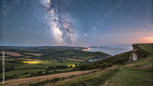 Stunning milky way galaxy shines above scenic coastal landscape at night
