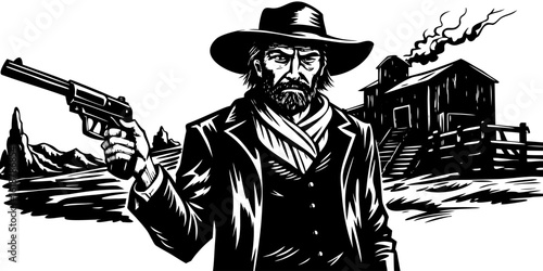 Vector art of black and white cowboy with gun vector illustration wild west sheriff outlaw western vintage drawing art vector illustration