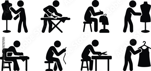 Stickman figures performing sewing, tailoring, and fashion design-related activities in black silhouette