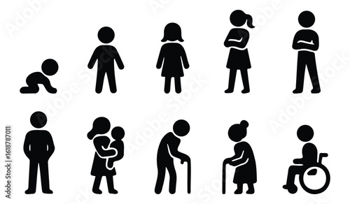 Stickman people of different ages and abilities including child, adult, elderly, and disabled icon set