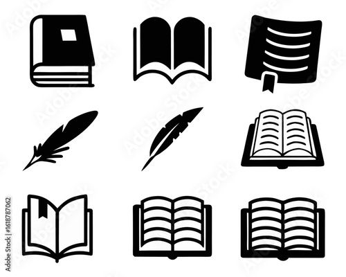 Collection of simple line art symbols representing classic literary themes and objects in a minimalist style