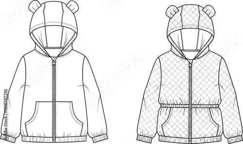  Cute Kids' Hooded Jacket with Bear Ears - Flat Vector Illustration - Plain and Quilted Versions for Children's Apparel Design and Babywear
