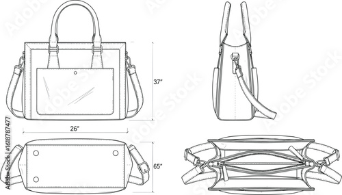 Technical CAD Drawing of a Versatile Tote Bag with Dimensions - Front, Side, Bottom, and Top Views for Fashion Design and Product Development