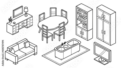Furniture Outline Top and side View Icon Set, Thin Line Vector Symbols for Interior Design and Architectural Floor Plan Layouts