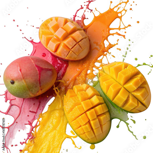 Vibrant mango slices and whole fruit splashing with colorful juice isolated on transparent background