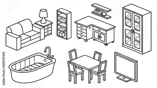 Furniture Outline Top and side View Icon Set, Thin Line Vector Symbols for Interior Design and Architectural Floor Plan Layouts