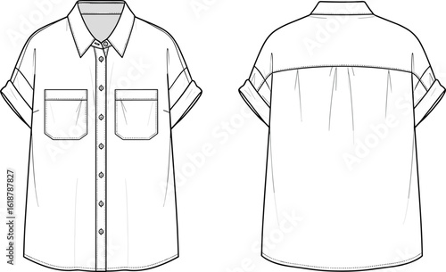 Elegant Ruffled Blouse with Smocked Cuffs and Voluminous Sleeves, Fashion Flat Sketch, Womenswear Design, Apparel Template, Chic Style.