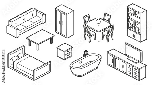 Furniture Outline Top and side View Icon Set, Thin Line Vector Symbols for Interior Design and Architectural Floor Plan Layouts