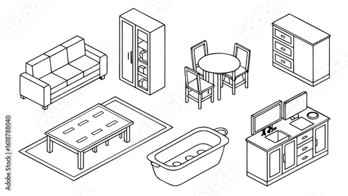 Furniture Outline Top and side View Icon Set, Thin Line Vector Symbols for Interior Design and Architectural Floor Plan Layouts