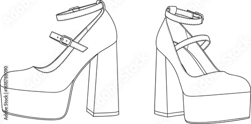 Fashionable Women's Platform Heels Flat Sketch Vector Illustration for Footwear Design, Chunky High Heel Shoes Technical CAD Drawing