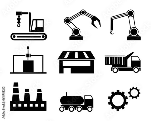 Comprehensive collection of simplified outline graphics representing various aspects of industrial manufacturing and factory operations presented in a clean modern aesthetic