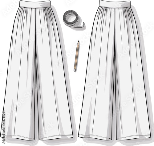 Flat Sketch of Women's Wide-Leg Pleated Pants, Elasticated Waist, Flowy Palazzo Trousers, Technical Drawing, Apparel CAD Template, Front and Back.