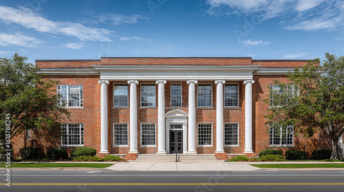Brick building with white columns under a blue sky. A neoclassical architectural design. Surrounded by greenery and a road in front. Symmetry and stately presence.