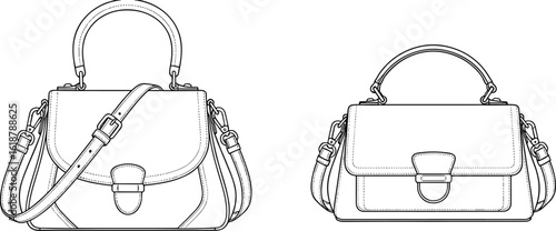  Stylish Women's Satchel Bag Flat Sketch Vector Illustration for Fashion Accessory Design, Versatile Handbag Technical CAD Drawing