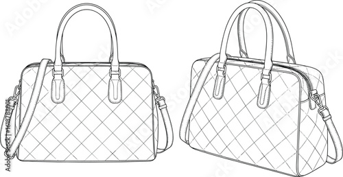 Quilted Bowling Bag Flat Sketch Vector Illustration for Fashion Accessory Design, Stylish Women's Handbag Technical CAD Drawing