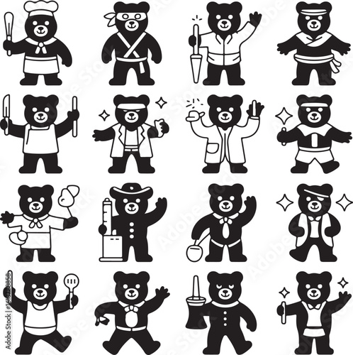 Adorable cartoon bear characters dressed in various professions and costumes black and white illustrations