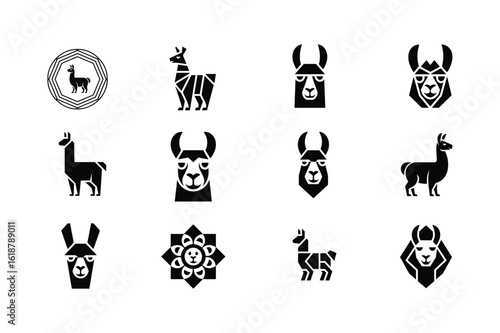 Black llama icons and geometric designs alpaca animal