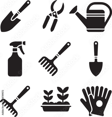 Black and white garden tools collection for planting and horticultural activities