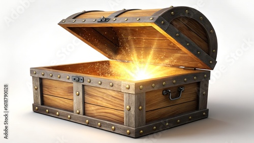 Wooden treasure chest with glowing magical light bursting from inside on white background