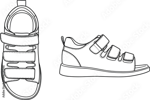 Kids Sandals with Velcro Straps Flat Sketch Vector Illustration for Footwear Design, Children's Summer Shoes Technical CAD Drawing