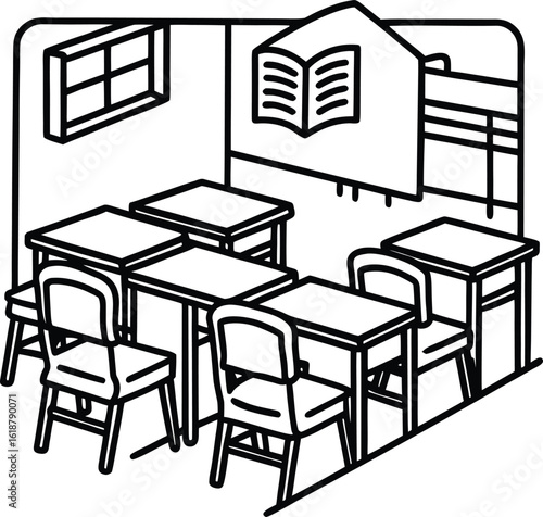 classroom scene with colorful chairs and open books